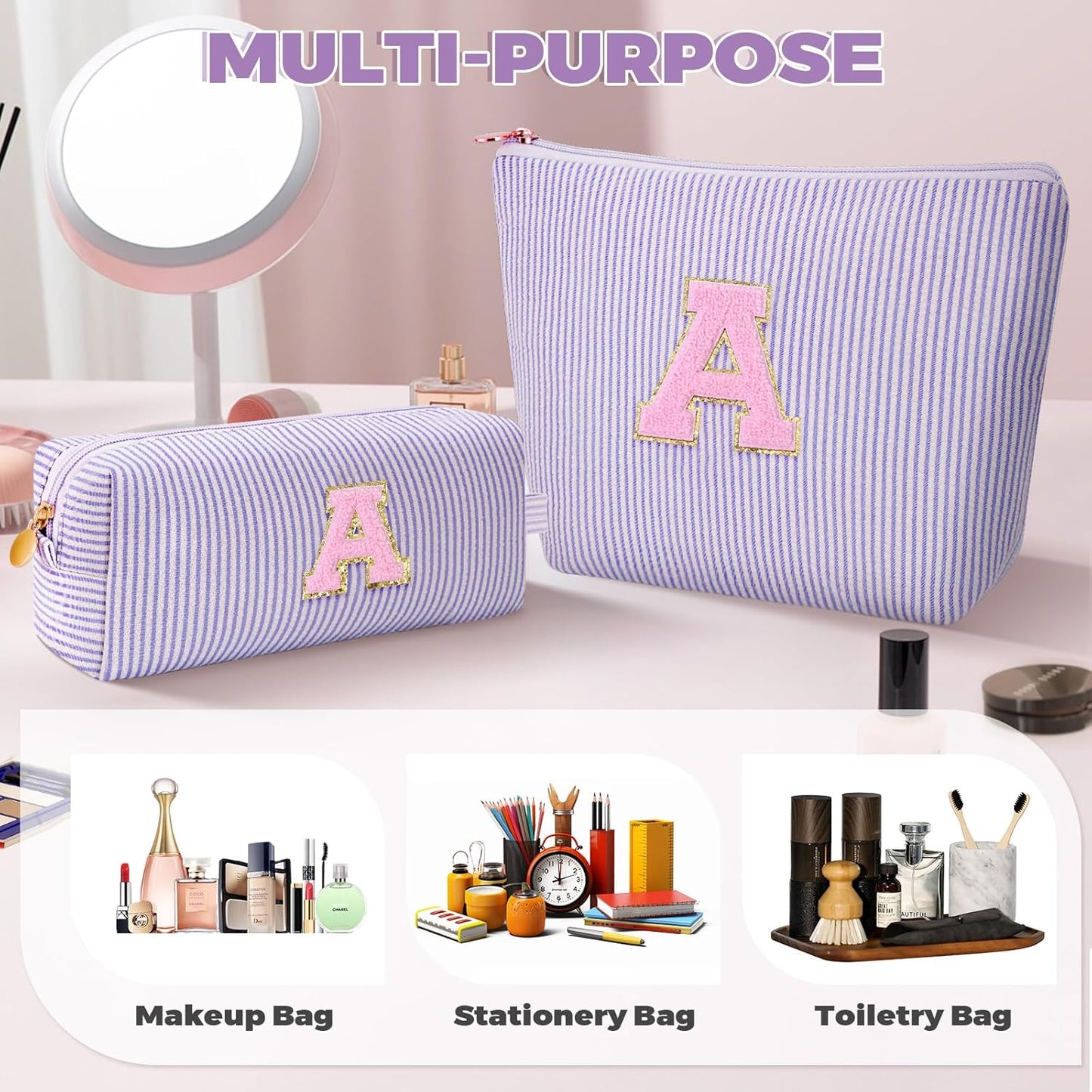 Makeup Bag Set Initials Cosmetic Bag,Birthday Graduation Gifts for 10 11 12 13 14 15 16 17 18 Years Old Girl Girlfriend Teen Girls Gift Trendy Stuff Toiletry Bag Travel - Lavender,A
