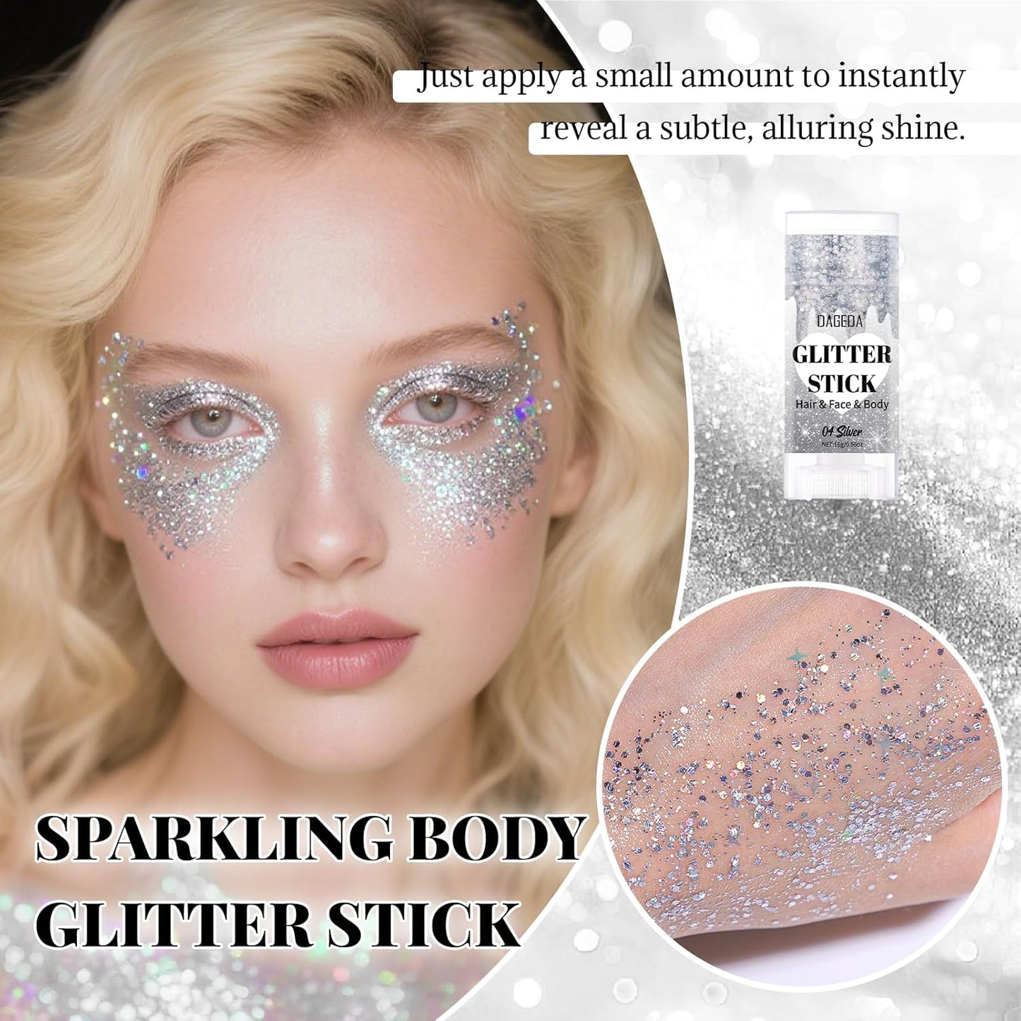 DAGEDA Silver Body Glitter Stick,Sparkly Face Glitter Makeup,Holographic Hair Glitters Mermaid Makeup Rave Outfits for Women, Shimmer Face Paint Stick Singer Concert Accessories