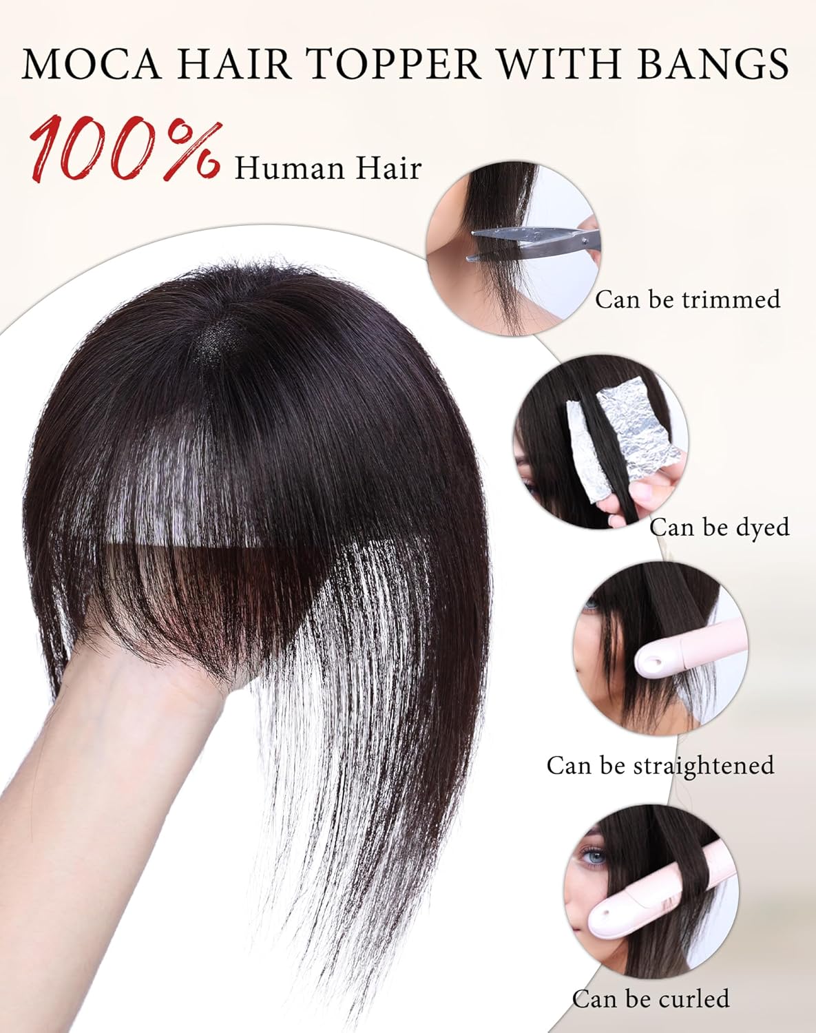 Hair Toppers for Women Real Human Hair, Bangs Hair Clip 360°3D Cover Clip on Bangs for Women Fake Bangs for Daily Wear (10 Inch Brown Black)