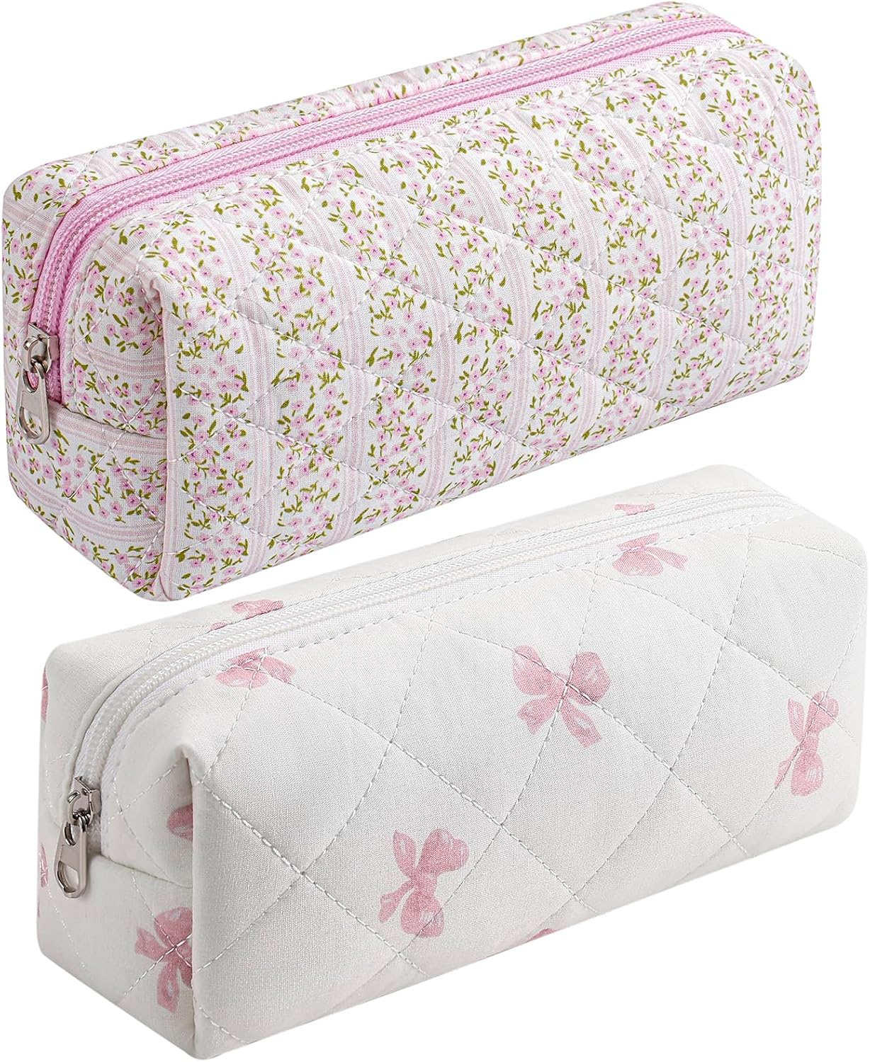 Cute Floral Cotton Makeup Brush Cosmetic Bag for Women, Travel Quilted Zipper Make Up Bag, Flowers Toiletry Organizer Case Kawaii Makeup Cosmetic Travel Cloth Pouch (Pink+Pink Bow Tie)