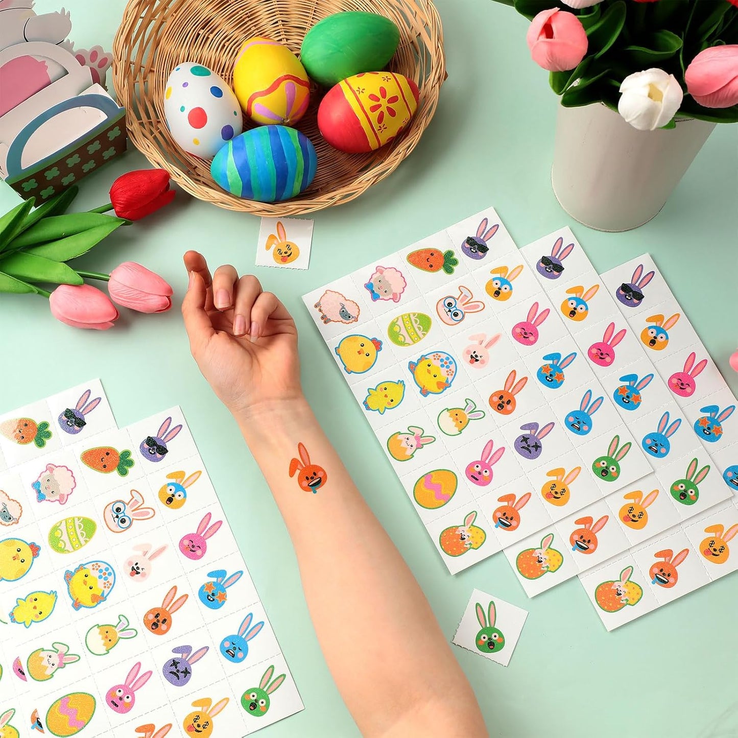 Nosiny 240 Pcs Easter Glitter Temporary Tattoos Happy Bunny Egg Chick Carrot Apparel Accessories Easter Glitter Tattoo Stickers with Expression for Kids Women Men Face Body Easter Party Favor Supplies