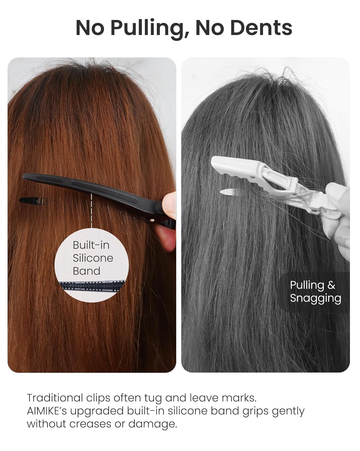 AIMIKE Extended Sectioning Hair Clips w/Built-in Silicone Band, 4.8" No-Crease Non-Slip Hair Styling Clips for Thick, Long Hair – Blow Drying,Hair Rollers, Rust-Free –6 Pack, Black Duckbill Clips