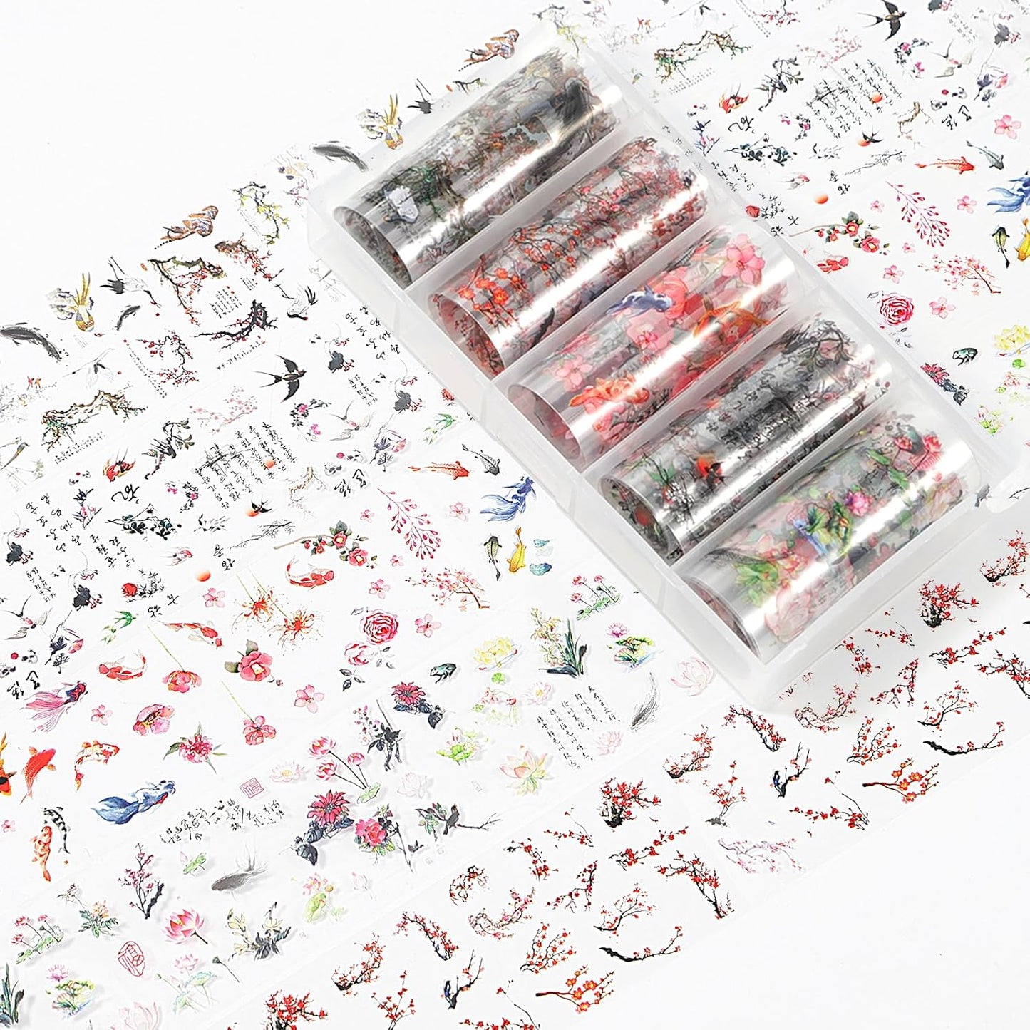 DANNEASY 30 Rolls Nail Art Foil Transfer, Landscape Painting Nail Foil Wraps Bamboo, Flowers, Cranes, Plum Blossoms Stickers Starry Sky Holographic Nail Foils for Women Nails Supplies