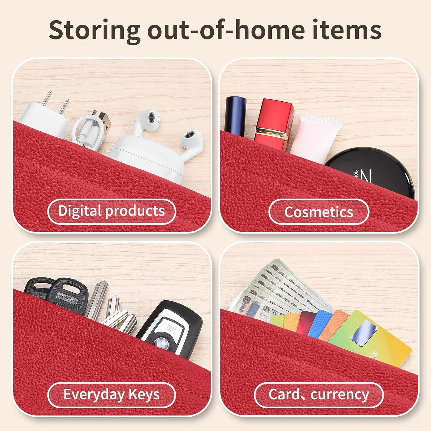 Genuine Leather Pocket Cosmetic Bag for Purse,Coin Purse Lipstick Cosmetic Accessories Travel Pouch for Storage Waterproof Portable No Zipper Self-closing Small Makeup Pouch (Red)