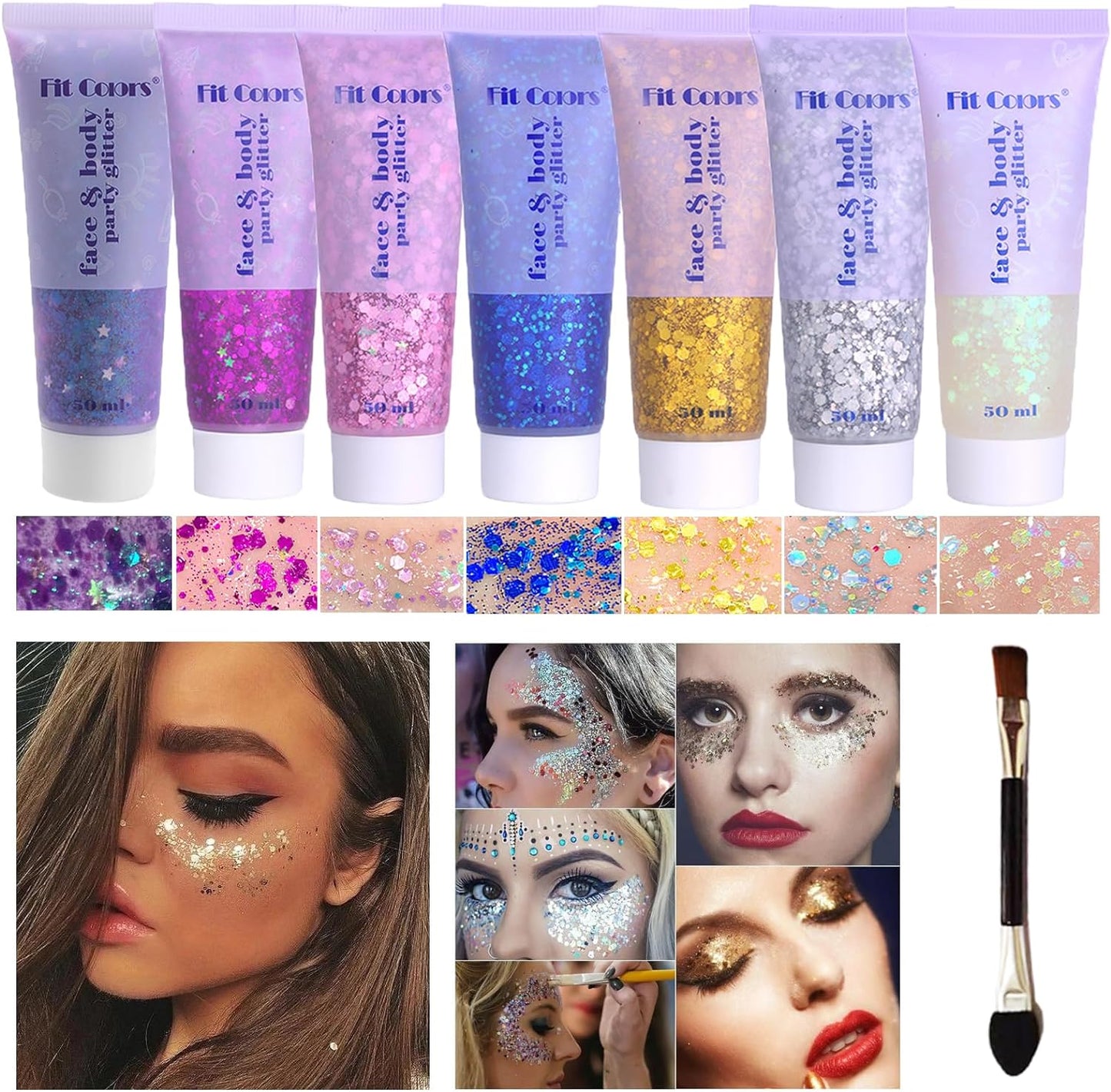 Body Glitter Face Glitter Gel: Singer Concerts Disco Festival Rave Accessories Face Glitter Makeup 150ml Chunky Sequins Mermaid Face Body Hair Glitter Gel (White&Silver&Pink&Gold&Blue&Purple&Rose)