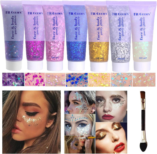 Body Glitter Face Glitter Gel: Singer Concerts Disco Festival Rave Accessories Face Glitter Makeup 150ml Chunky Sequins Mermaid Face Body Hair Glitter Gel (White&Silver&Pink&Gold&Blue&Purple&Rose)