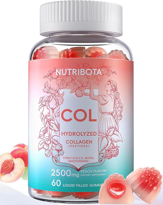 Sugar Free Hydrolyzed Collagen Filled Gummies for Women, with 2500mg Collagen Peptide Type I,II,III,V,X, Biotin,Vitamins,Hyaluronic Acid for Skin Hair Nails, 60 Gummies
