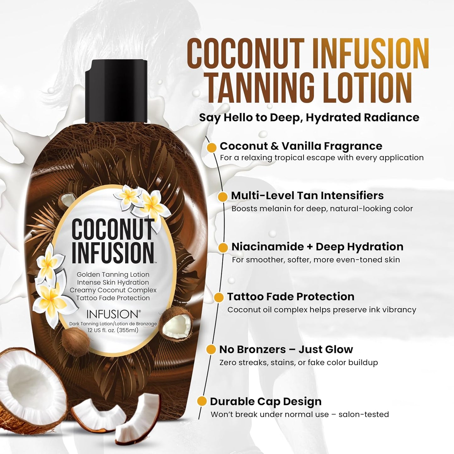 Coconut Infusion Tanning Lotion – Indoor & Outdoor Tan Accelerator – Hydrating, Safe for Face, Body, and Tattoos – Coconut Vanilla Scent – No Bronzer, Compatible for All Skin Types