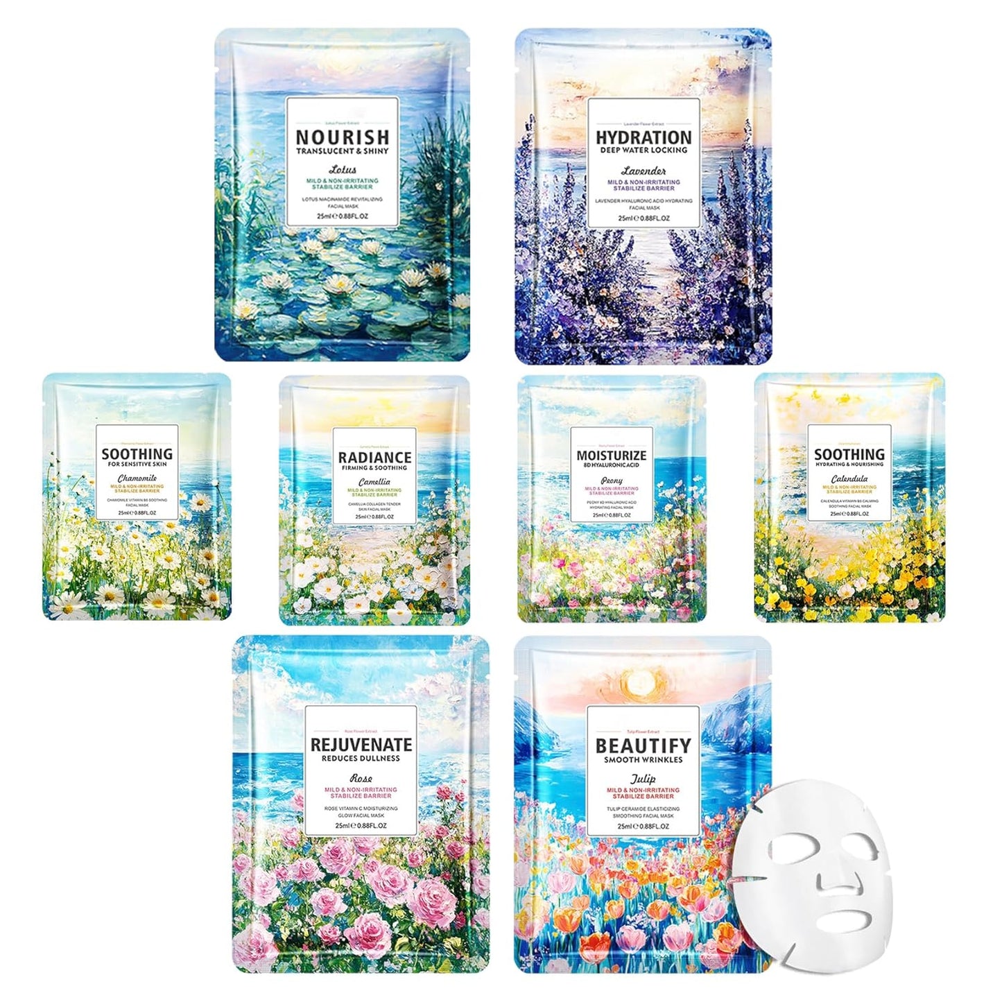 8PCS Hydrating Facial Sheet Mask,Moisturizing Face Masks Skincare Gift Set,Long Lasting Face Mask Skin Care & Facial Mask Kit for All Skin Types 22