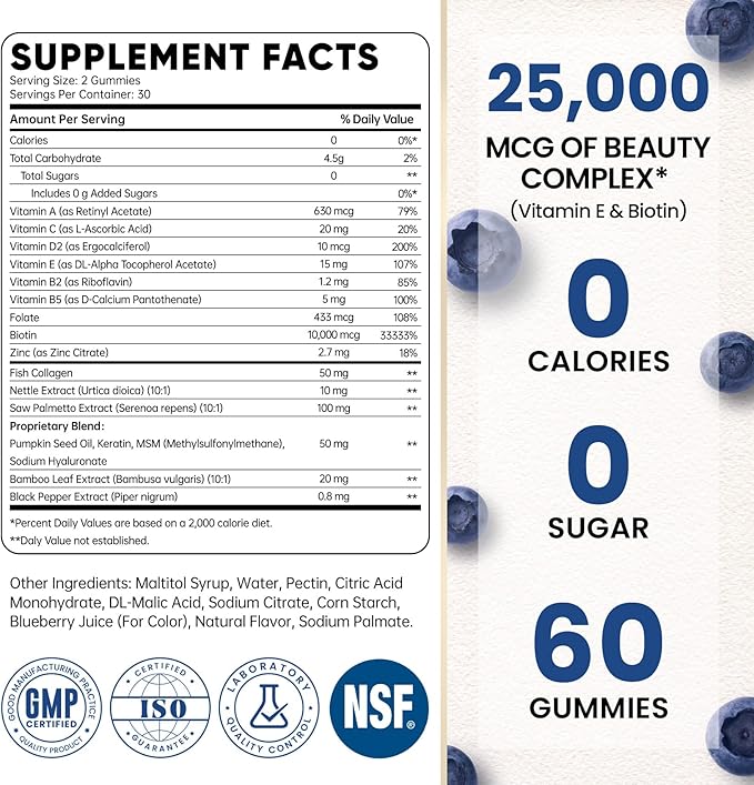 Venture Pal Biotin Gummies with Collagen & Keratin - Hair Growth Support Skin and Nail Strength Vitamins for Women & Men - Biotin 10000mcg | B-Complex | Saw Palmetto - Sugar Free, Non-GMO, 60ct