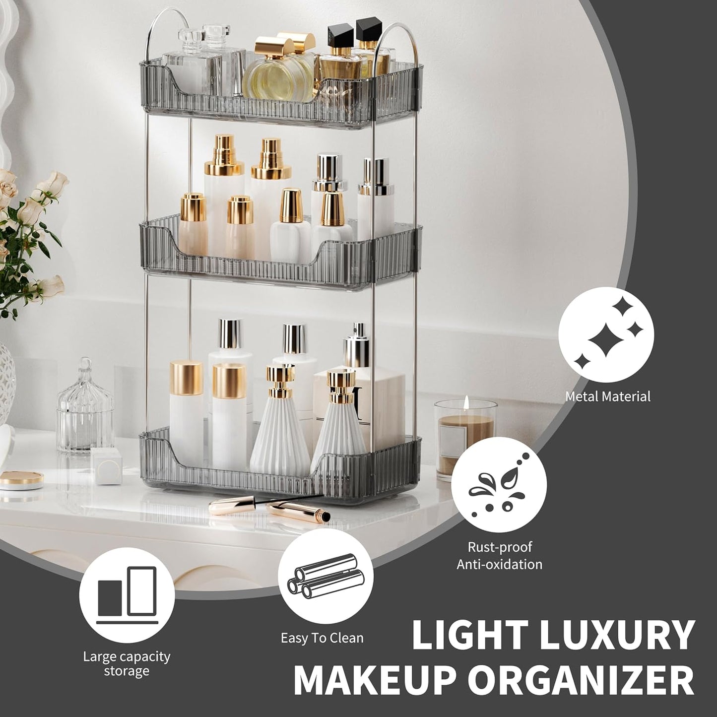 YCIA&DONE Bathroom Organizer Countertop, Makeup Storage, Skincare Cosmetic Tray Shelf, Perfume Holder Rack for Vanity Counter, Large Capacity, Easy to Install, Clean, 3 Tiers, Smoky Gray