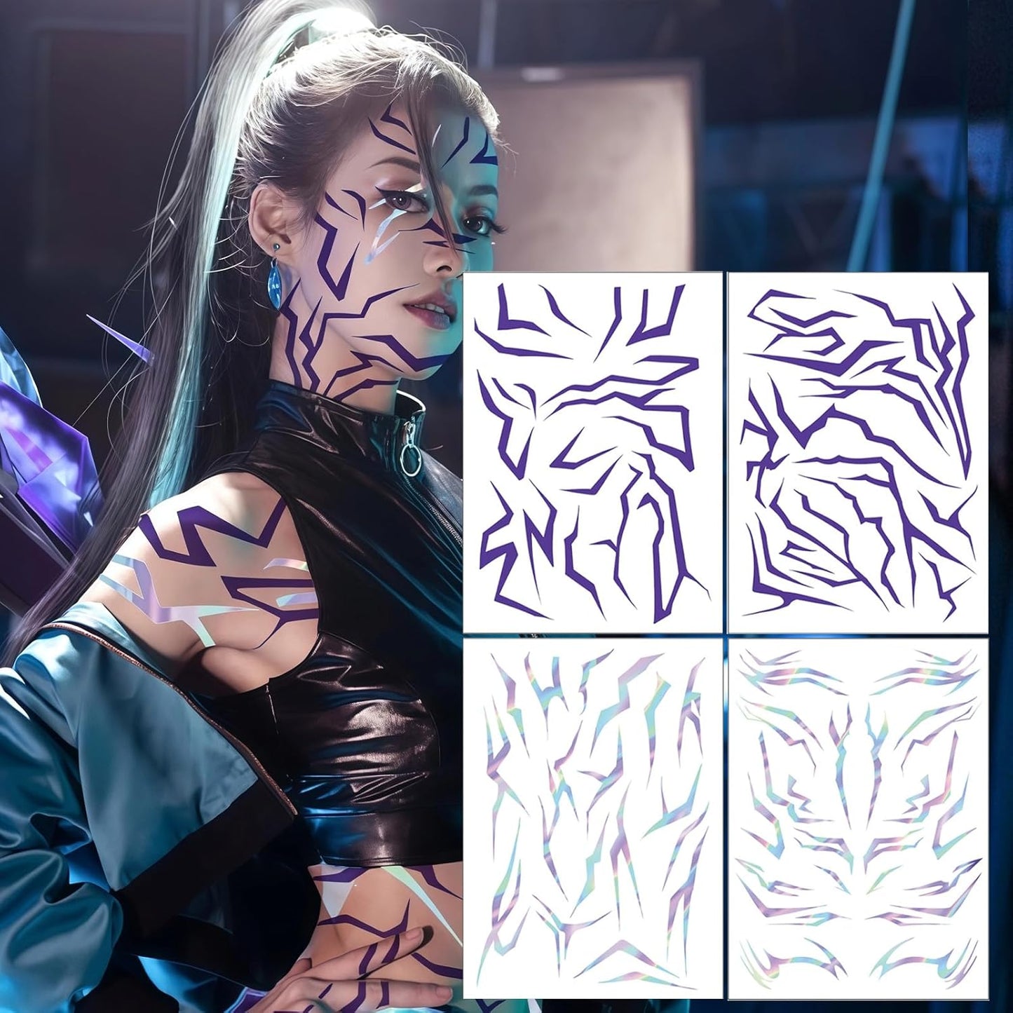 Purple Ombre Temporary Patterns Tattoo – Halloween Water Transfer Realistic Waterproof Body Art for Cosplay, Halloween, and Party Makeup (4 PCS)