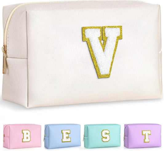 TOPEAST Initial Makeup Bags for Women, Personalized Portable Cosmetic Bag for Travel, Cute Makeup Pouch, PU Leather Waterproof Toiletry Bag, Preppy Things for Girl (White V)