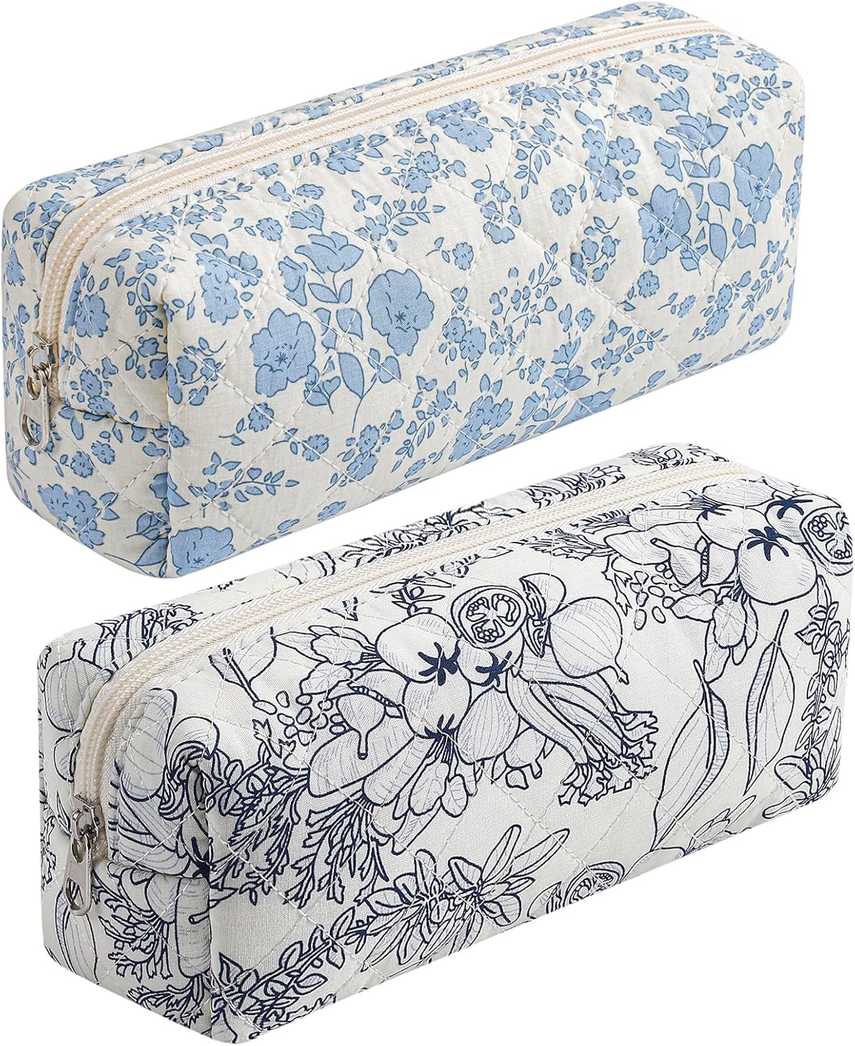 Cute Floral Cotton Makeup Brush Cosmetic Bag for Women, Travel Quilted Zipper Make Up Bag, Flowers Toiletry Organizer Case Kawaii Makeup Cosmetic Travel Cloth Pouch (Blue+Navy Blue)