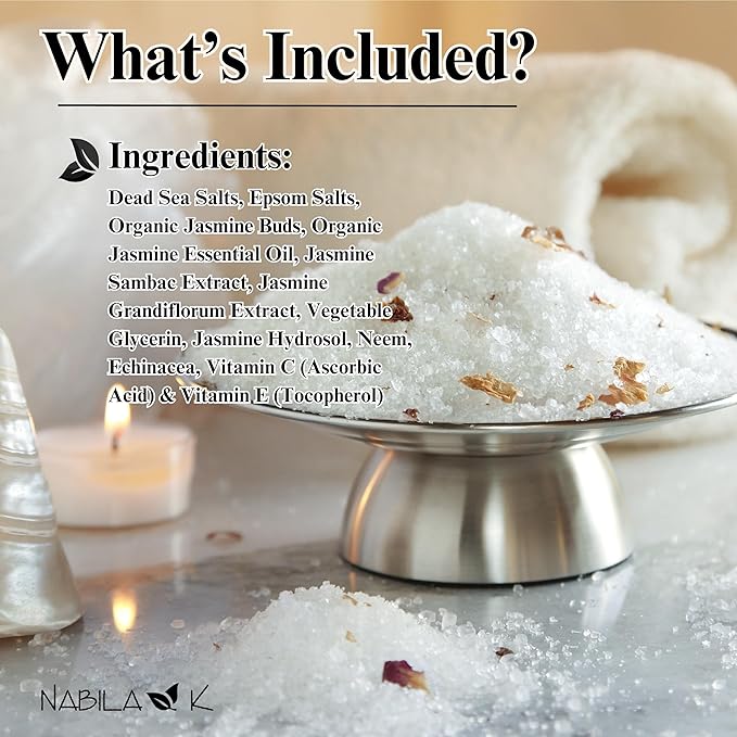 Organic Jasmine Bath Salts by Nabila K - Dead Sea Salt & Epsom Salt Scrub & Soak - Exfoliates & Hydrates Skin, Botanical Essential Oils - Bubble Bath Accessories for All Skins Types, 2 oz