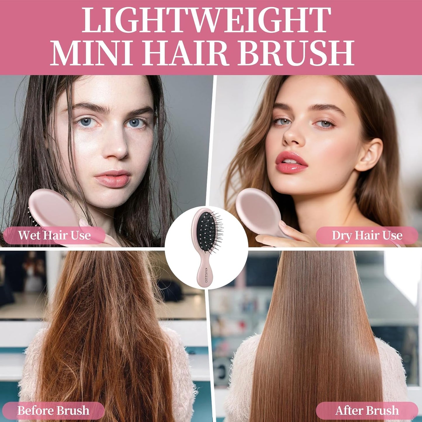 Mini Hair Brush for Detangling, Portable Travel Hairbrush for Women & Kids, Gentle Knot Detangler Brush for Wet/Dry Hair, Compact Hair Brush for Purse, Car, Backpack (2-Pack,Pink/Green/Matte)