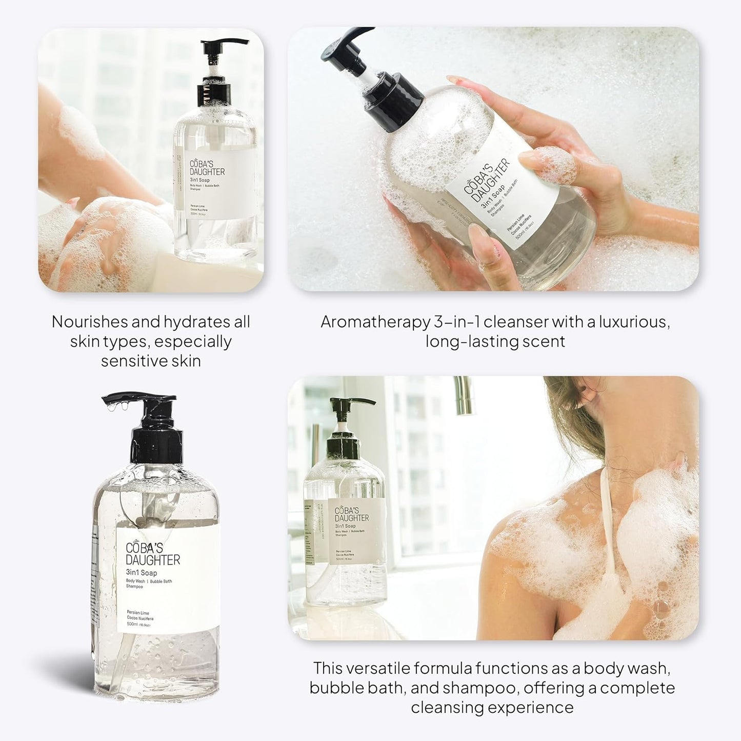 COBA'S DAUGHTER 3in1Soap Bubble Bath | Body Wash, Hand Wash| Cleanse, Nourish & Soften Skin with Inulin & Seaweed Extract | Persian Lime & Coconut Scent(16.9oz)