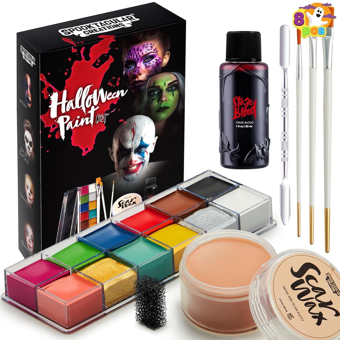 Spooktacular Creations 8 PCS Halloween Makeup Kit SFX Face Body Paint Set with Wound Scar Wax,12 Colors Face Paint Palette,Fake Blood,Spatula,Brushes for Halloween Costume,Zombie Makeup Dress Up