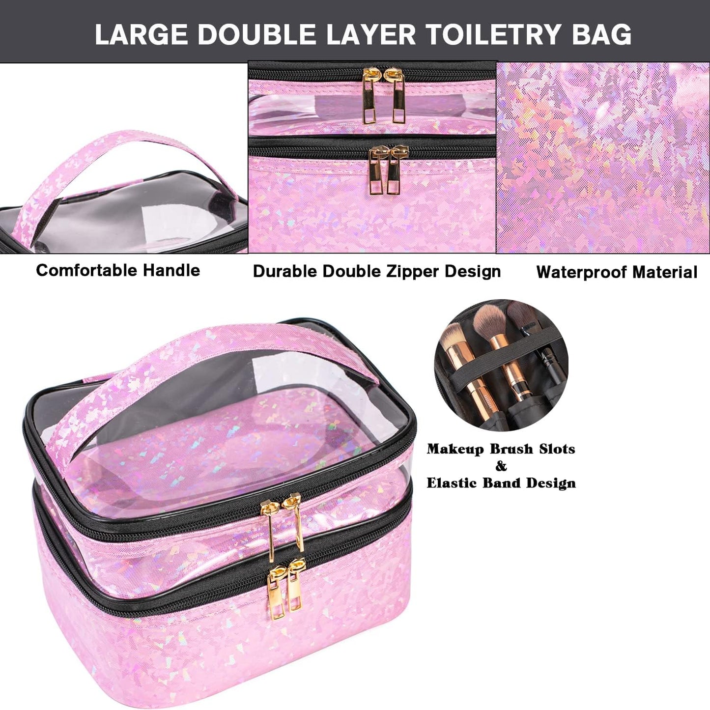 FITINI Makeup Bags Double Layer Travel Storage Cosmetic Cases Make-up Organizer Toiletry Bags Water-resistant for Women Makeup Brush Bag,Light Pink Holographic