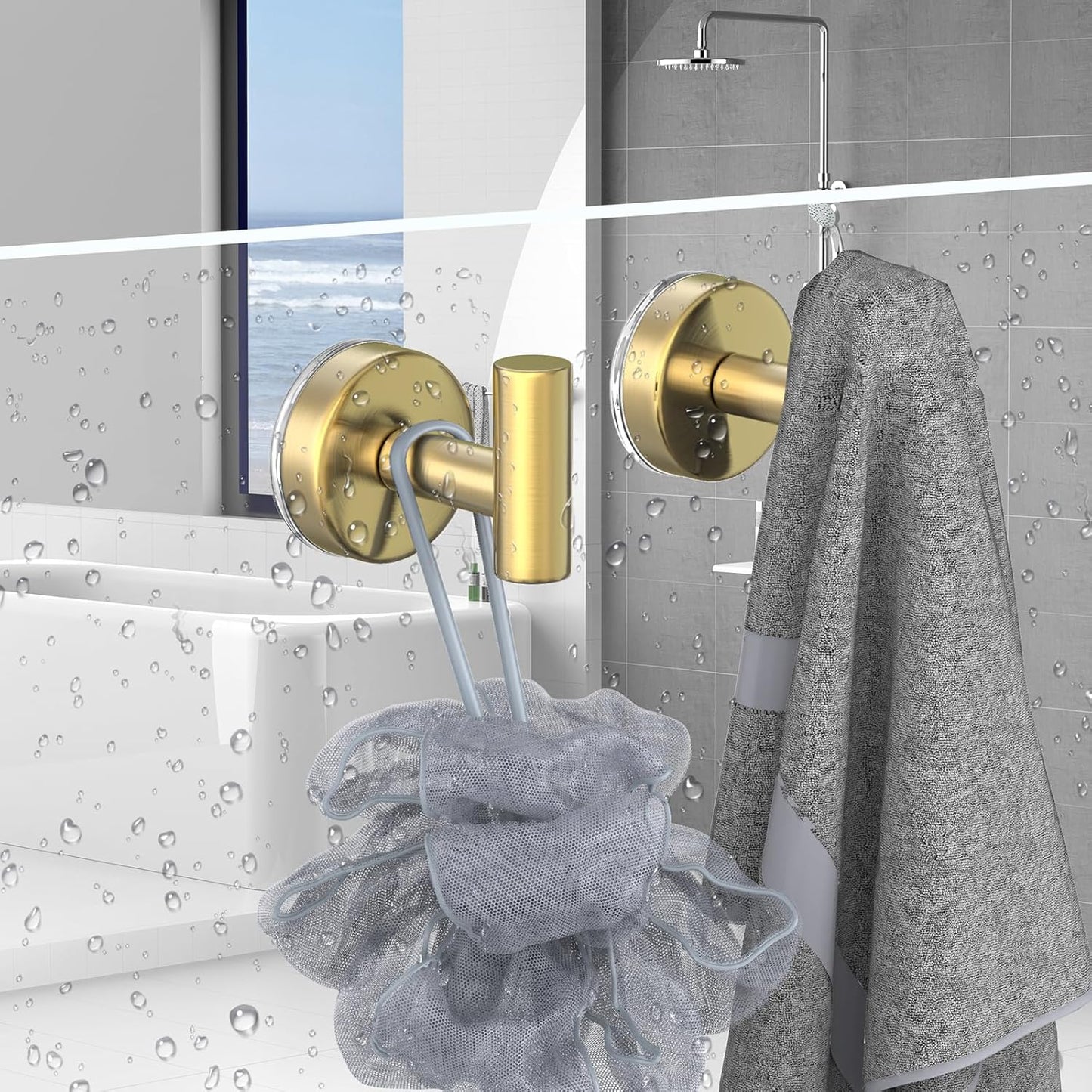 Suction Cup Hooks for Shower, Stainless Steel Shower Hooks for Hanging Towels, Robes, Bath Balls, Towel Hooks for Bathroom Wall, Glass Door, Kitchen, Mirror, Tile (2 Pack，Gold)