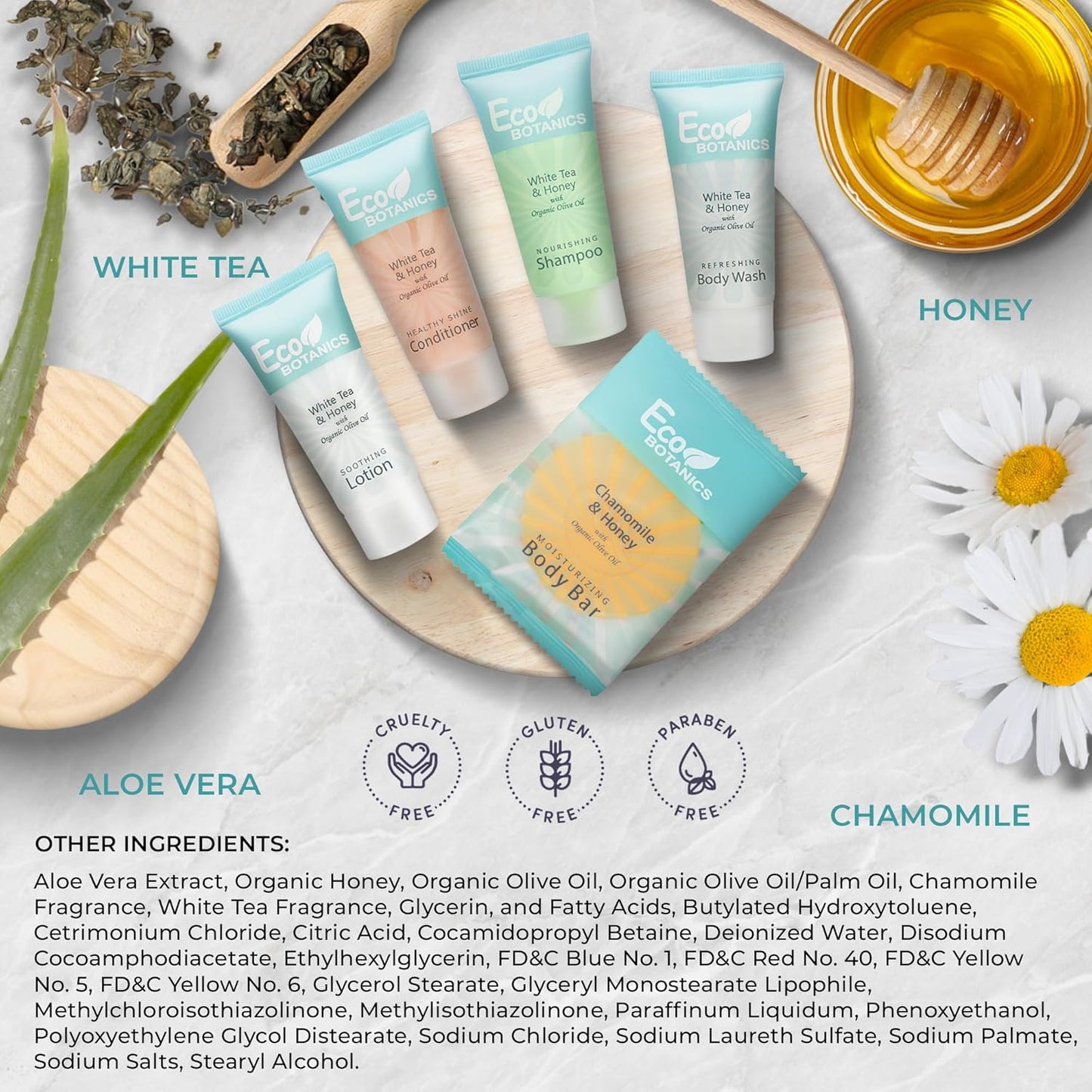 Eco Botanics Amenity Kit | Boxed Hotel Toiletries | Bulk Set .85 oz Travel Size Shampoo, Conditioner, Lotion, Body Wash & Body Bar Soap for Guest Hospitality AirBnB/Vacation Rentals | 15 sets per case