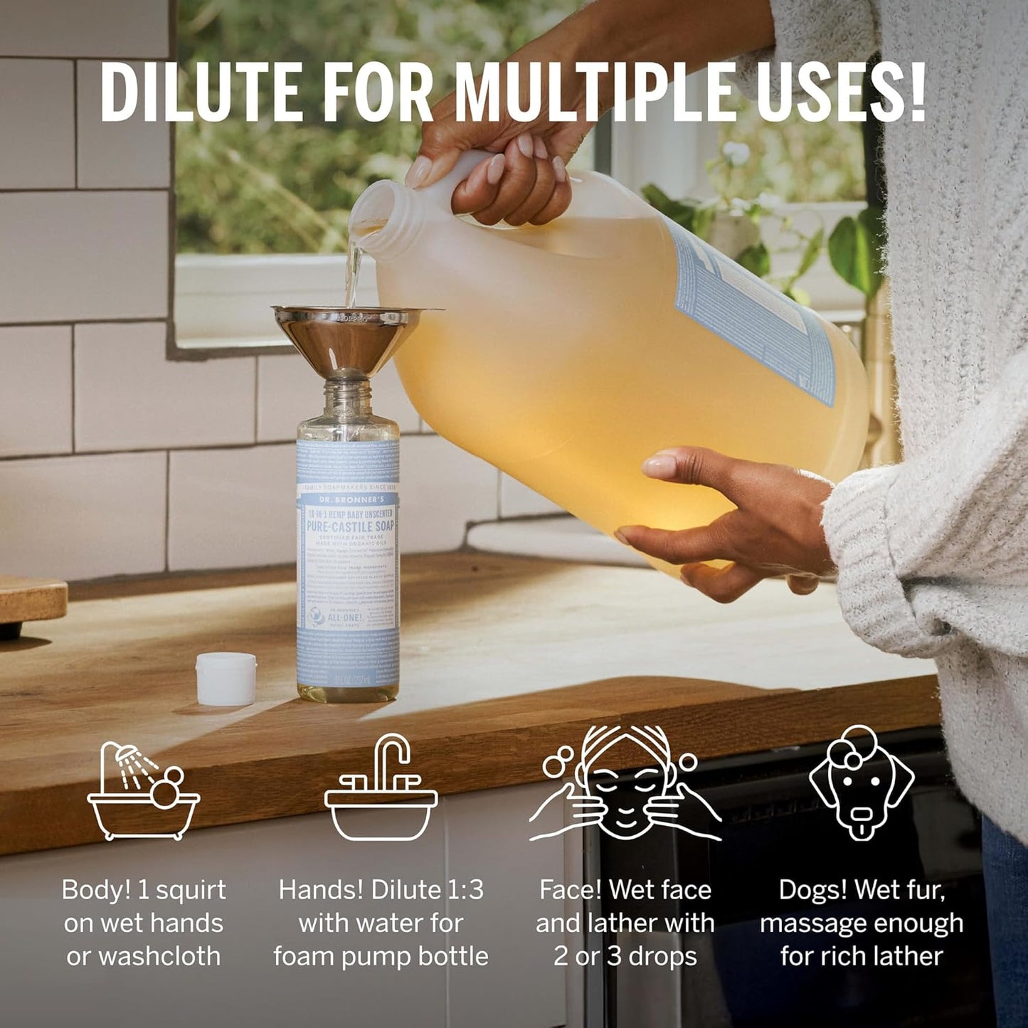 Dr. Bronner's Pure-Castile Magic Soap Liquid (Baby Unscented, 1 Gallon) – Made with Regenerative Organic Certified Oils- For Sensitive Skin, Babies, Face, Hair, Laundry, Dishes, Hand Soap & Body Wash