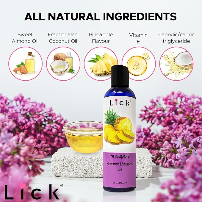Lick Pineapple Flavored Massage Oil with Vitamin E, Coconut, Sweet Almond Oil for Lovemaking, Date Night, Nuru Yoni Massage Therapy, Safe & Edible