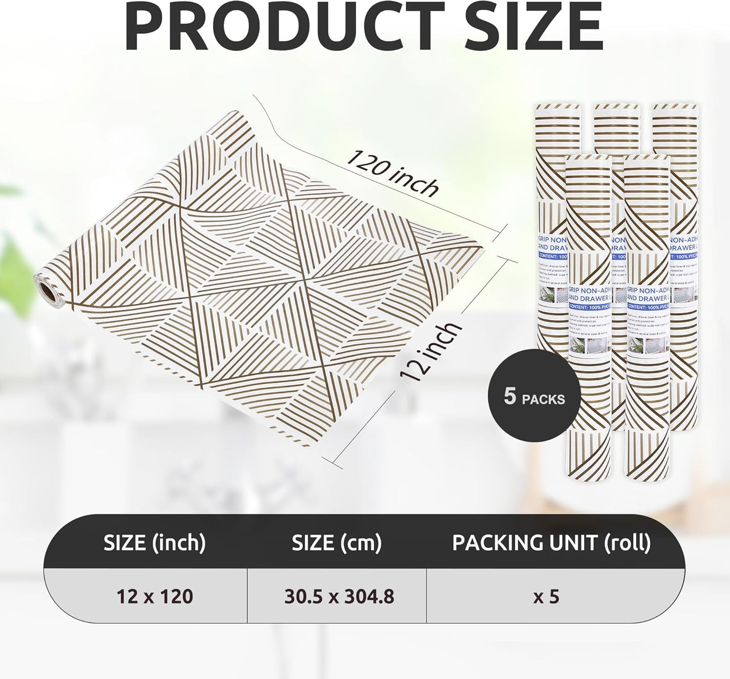 RAY STAR 12X120 Inch Shelf Liner for Kitchen Cabinets, Non-Adhesive Cabinet Liner Washable, PVC Drawer Liner for Dresser Non-Slip Bathroom (Classic)(5 Roll)