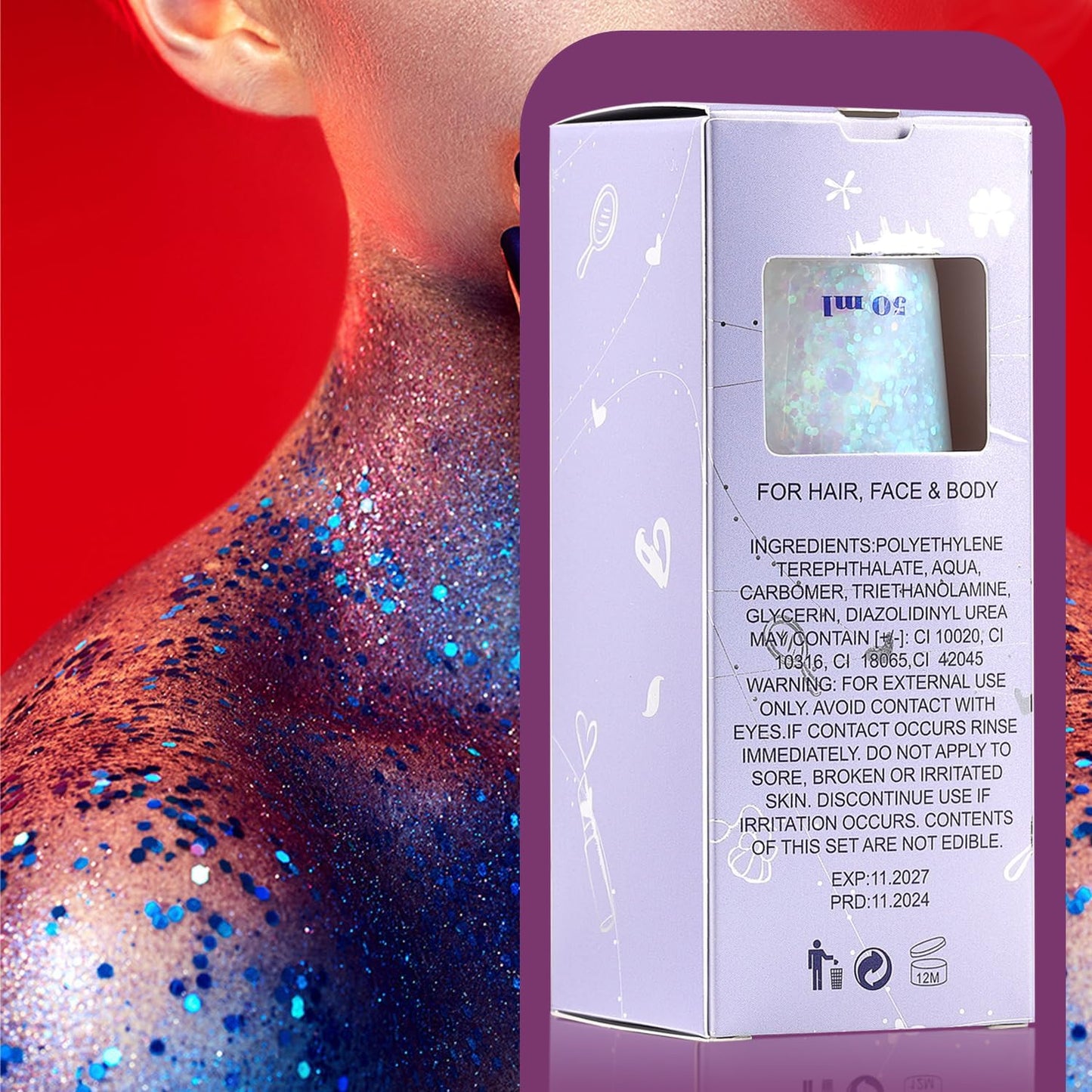 JASSINS 2PCS Body Glitter, 100ml Patriotic Pride Face Glitter Gel, 4th of July Outfits for Women Girls Kids, Glitter Makeup Tween Gifts, Festival Rave Accessories, Chunky Sequins Glitter