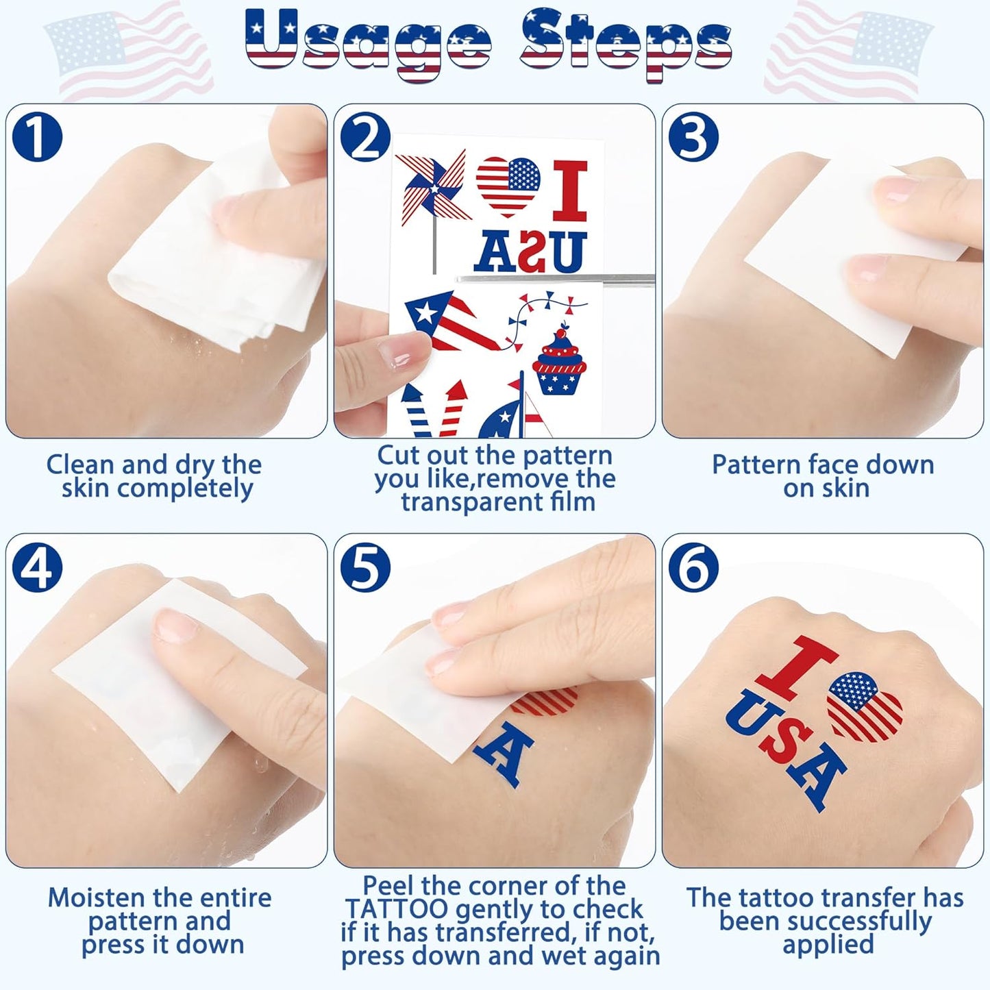 106 PCS 4th of July Tattoos, Fourth of July Tattoos for Kids, Patriotic Temporary Stickers, American Flag Red White Blue Decor for Independence Day Accessories Decoration Supplies Favors