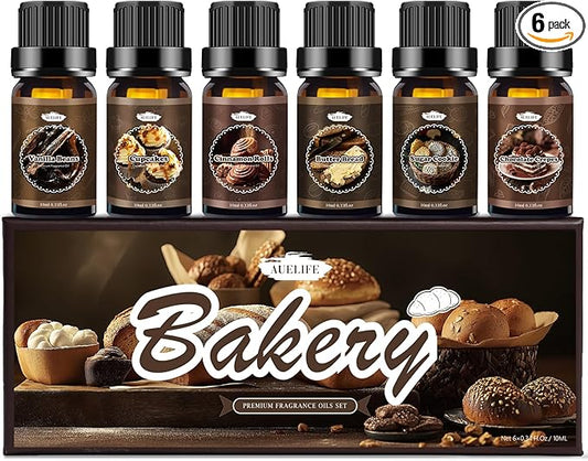 Bakery Essential Oils Set, Fragrance Oil for Diffusers for home, Candle Making, Aromatherapy Scented Oils Gift for Mom, Women - Vanilla Bean, Cookies, Chocolate Crepes, Cupcakes, Cinnamon Rolls, Bread