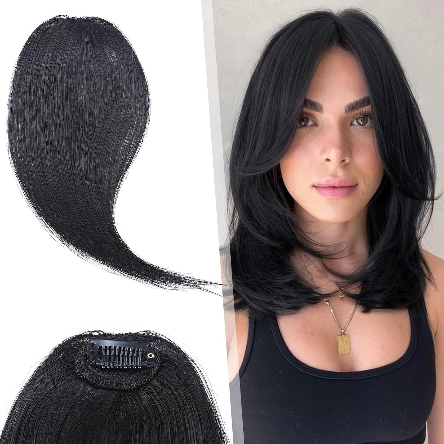 Hairro Clip in Wave Side Bangs Extensions, 100% Human Hair 2 PCS Clip on Middle Part French Bangs Thin Sides Swept Fringe Hairpieces