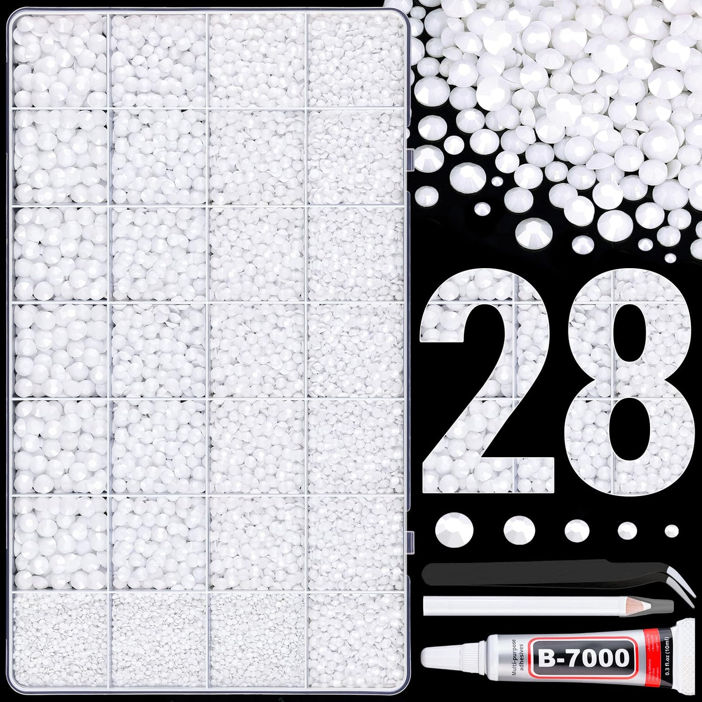30000Pcs Resin Rhinestones for Bedazzling with Tweezers, White Rhinestones for Crafting with B7000 Jewelry Glue for DIY Crafts Clothing Tumblers Shoes Fabric Nail Art