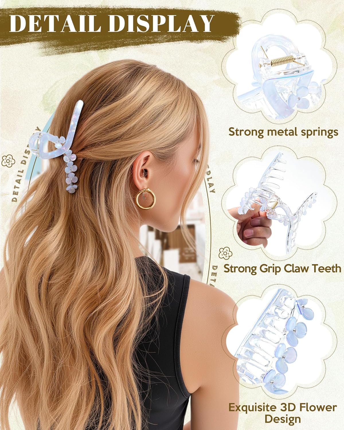 HOKEMP Large Hair Claw Clips for Women, 2 Pack Mermaid Acrylic 3D Flower Claw Clips for Thin & Thick Hair Styling Hair Accessories (White Mermaid + Blue Mermaid)