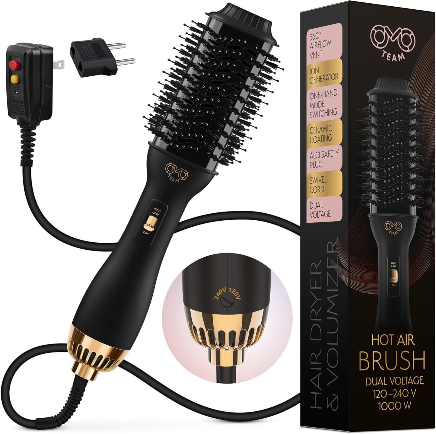Professional Dual Voltage Blowout Hair Dryer Brush for European Travel 110V-120V/220V-240V, Black Gold Dryer and Volumizer, Hot Air Brush for Women, 2.4 INCHES Oval Shape