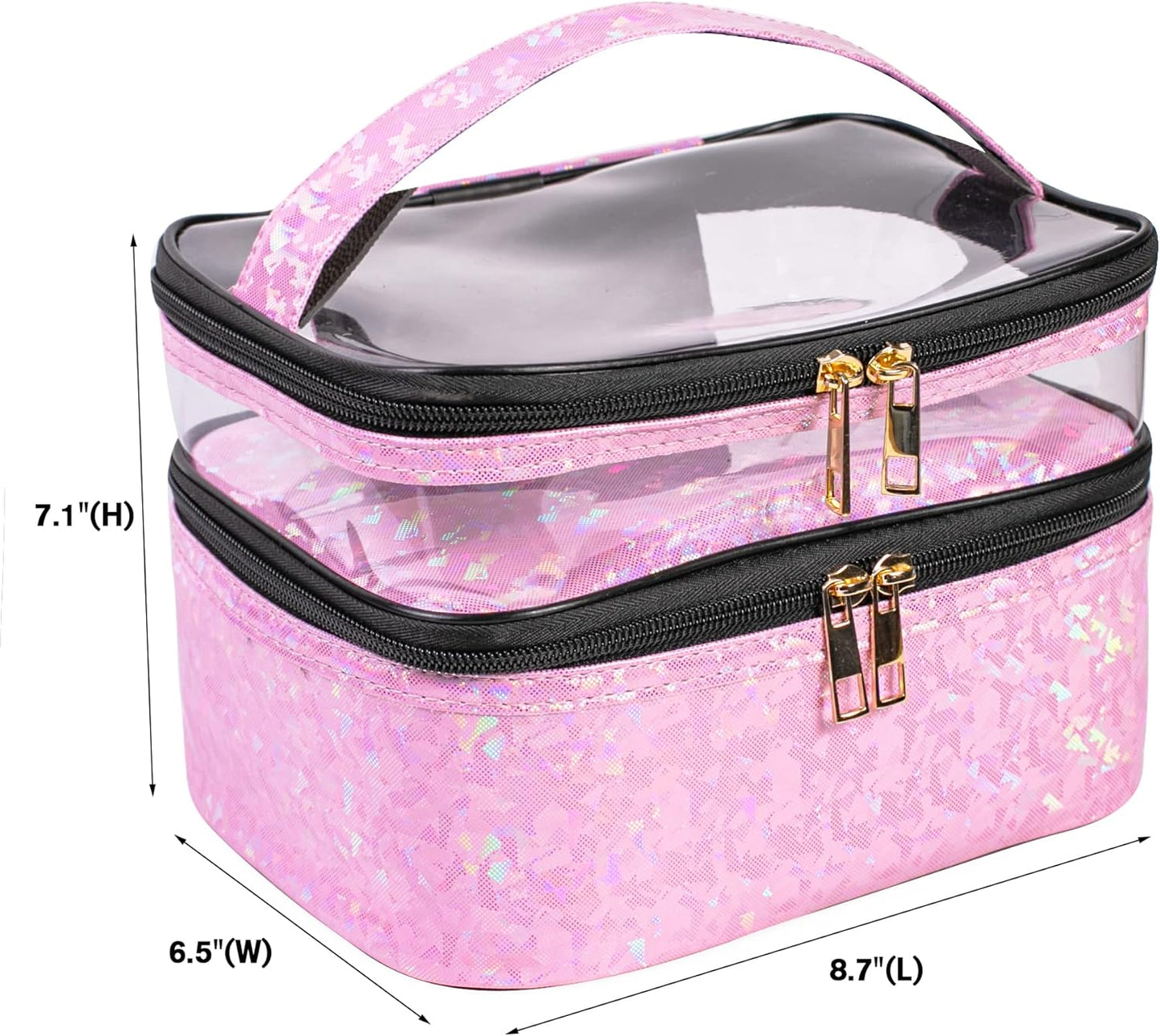 FITINI Makeup Bags Double Layer Travel Storage Cosmetic Cases Make-up Organizer Toiletry Bags Water-resistant for Women Makeup Brush Bag,Light Pink Holographic