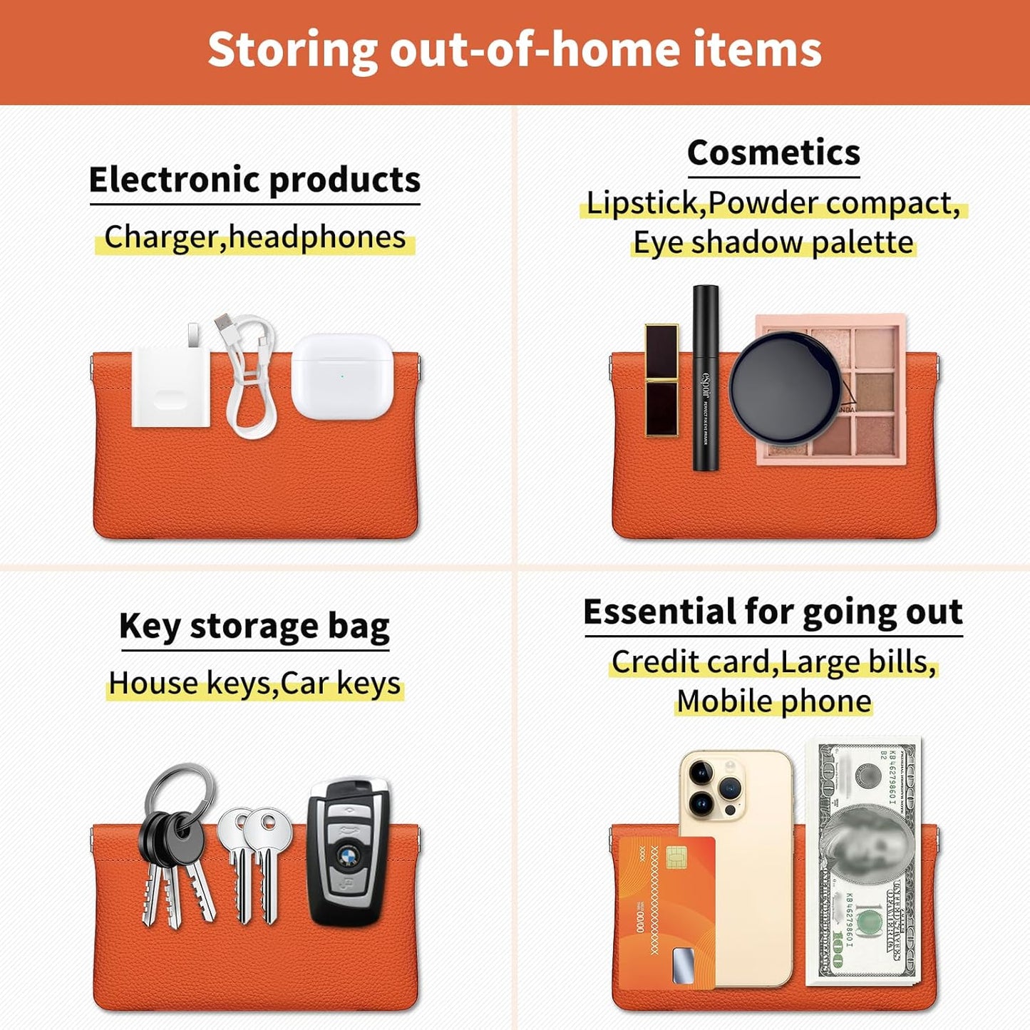 Genuine Leather Pocket Cosmetic Bag for Purse,Coin Purse Lipstick Cosmetic Accessories Travel Pouch for Storage Waterproof Portable No Zipper Self-closing Small Makeup Pouch (Orange)