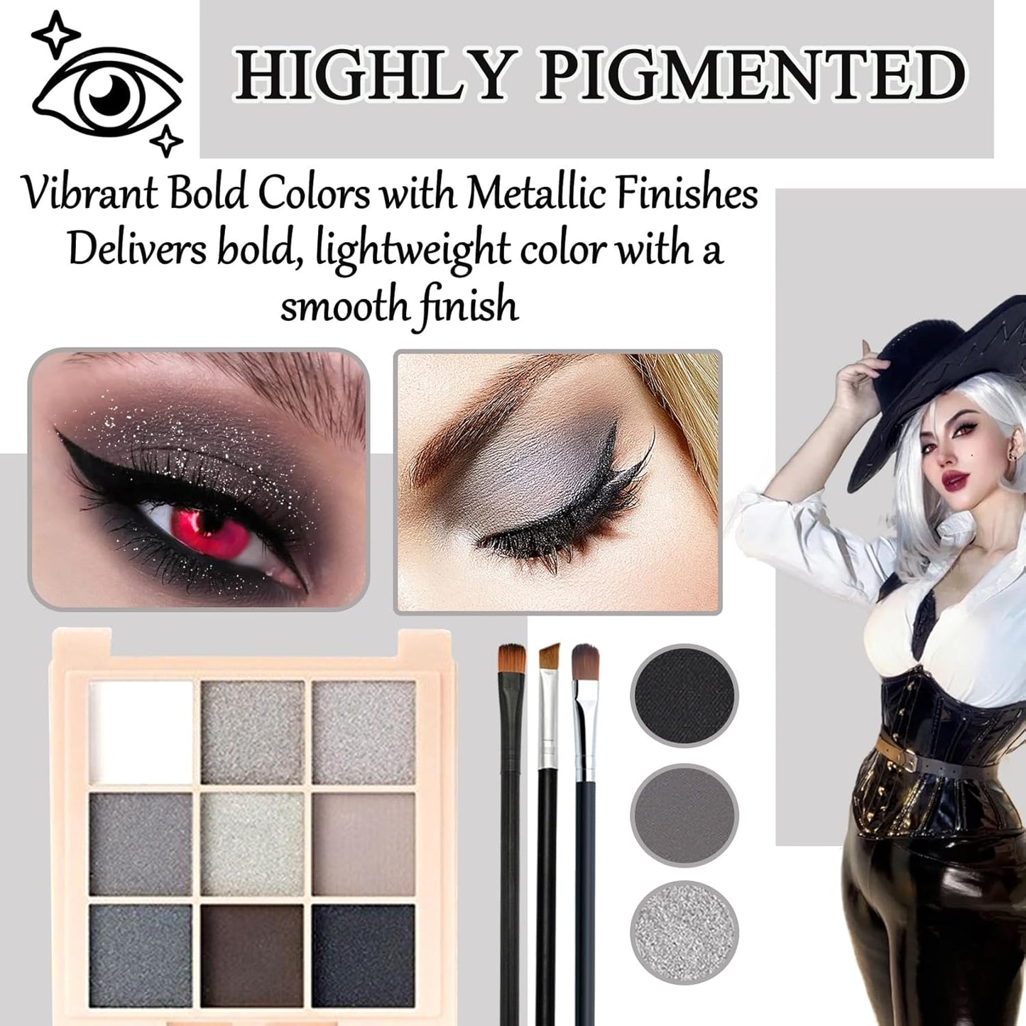 Black Grey Smoky Eyeshadow Palette,15 Colors Matte Shimmer Pigmented Eye Shadow Makeup Palette Set with 3 Eyeshadow Brushes,Glitter Eyeshadow Makeup Palette for Daily Halloween Goth Makeup(F)