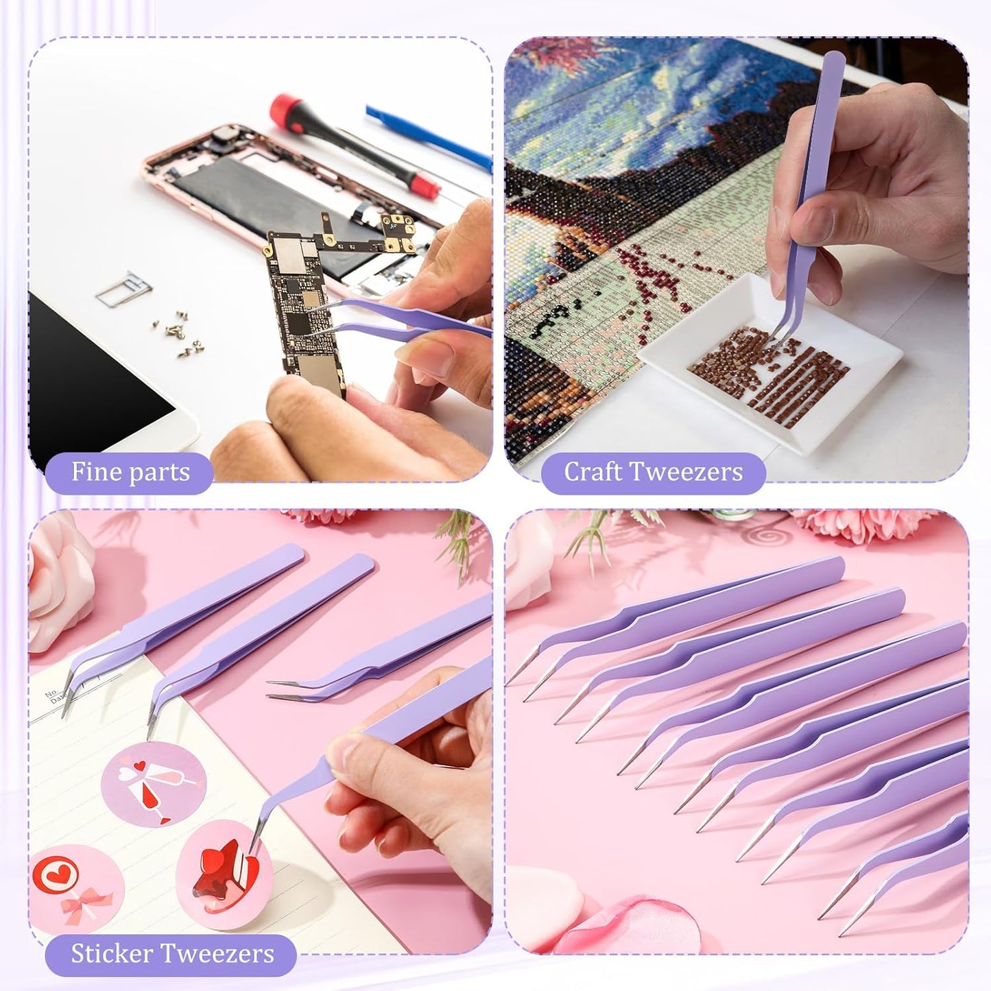 Honoson 9 Pieces Curved Pointed Craft Tweezers Stainless Steel Precision Tweezer with Protective Cover for Rhinestones Dried Flowers Craft Stickers Eyelash Extension Jewelry Making(Purple)