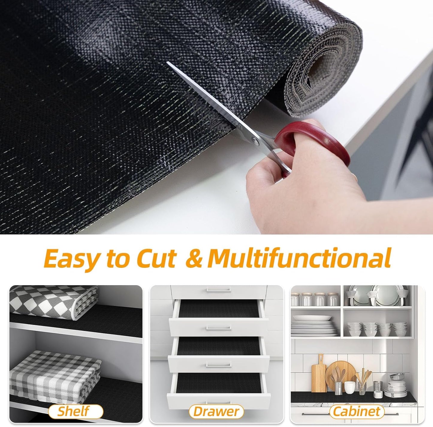 Shelf and Drawer Liner for Kitchen Cabinets Non-Adhesive, Strong Grip Non-Slip Thickened Cabinet Liners for Shelves, Waterproof Mats for Dresser Cupboard, Black, 12 in x 30 Feet