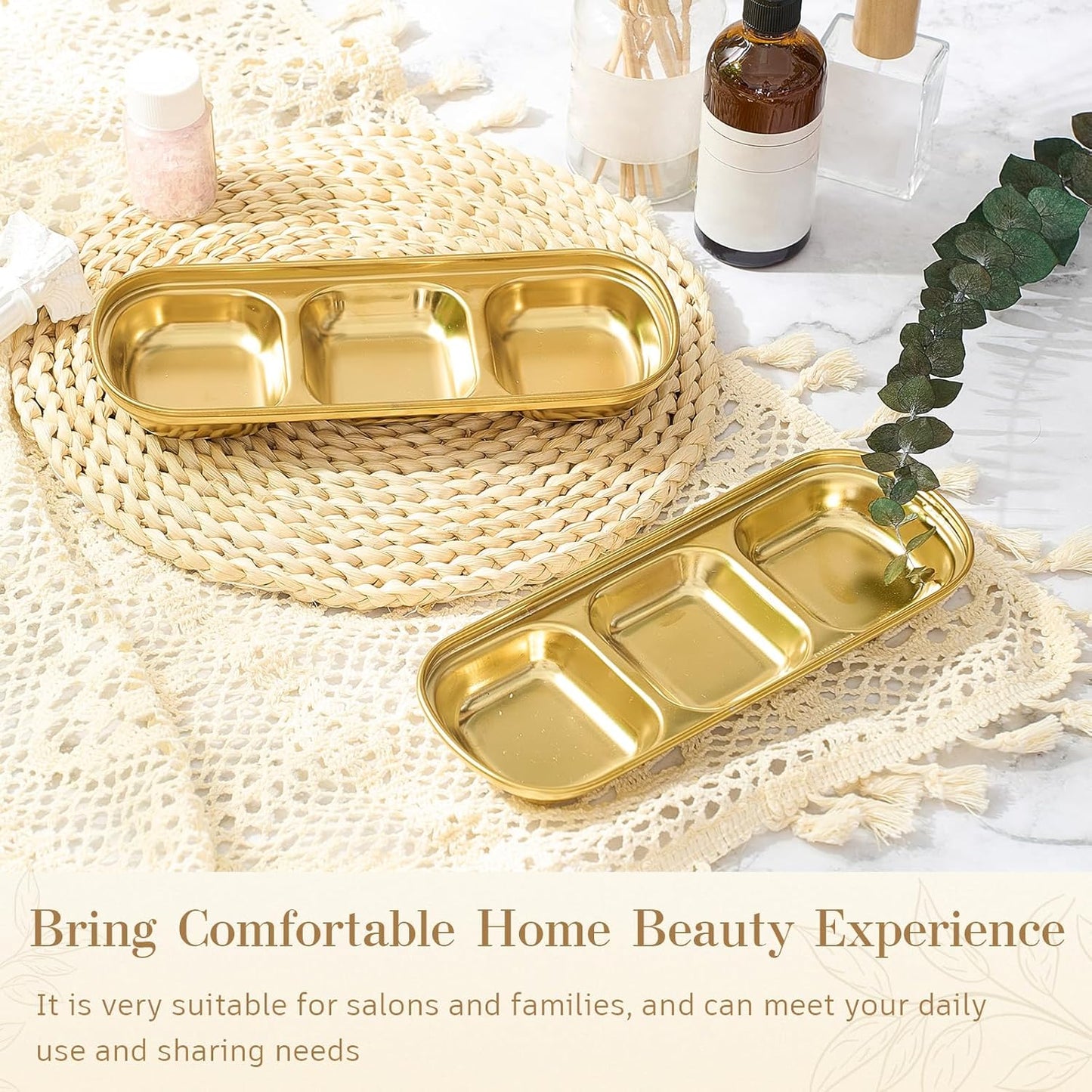 4 Pcs DIY Esthetician Bowls Face Mask Tray Esthetician Supplies Stainless Steel Gold Compartment Serving Tray Women Skincare Products for Spa Salon Aesthetician Beauty, Nail Art(Three Grids)