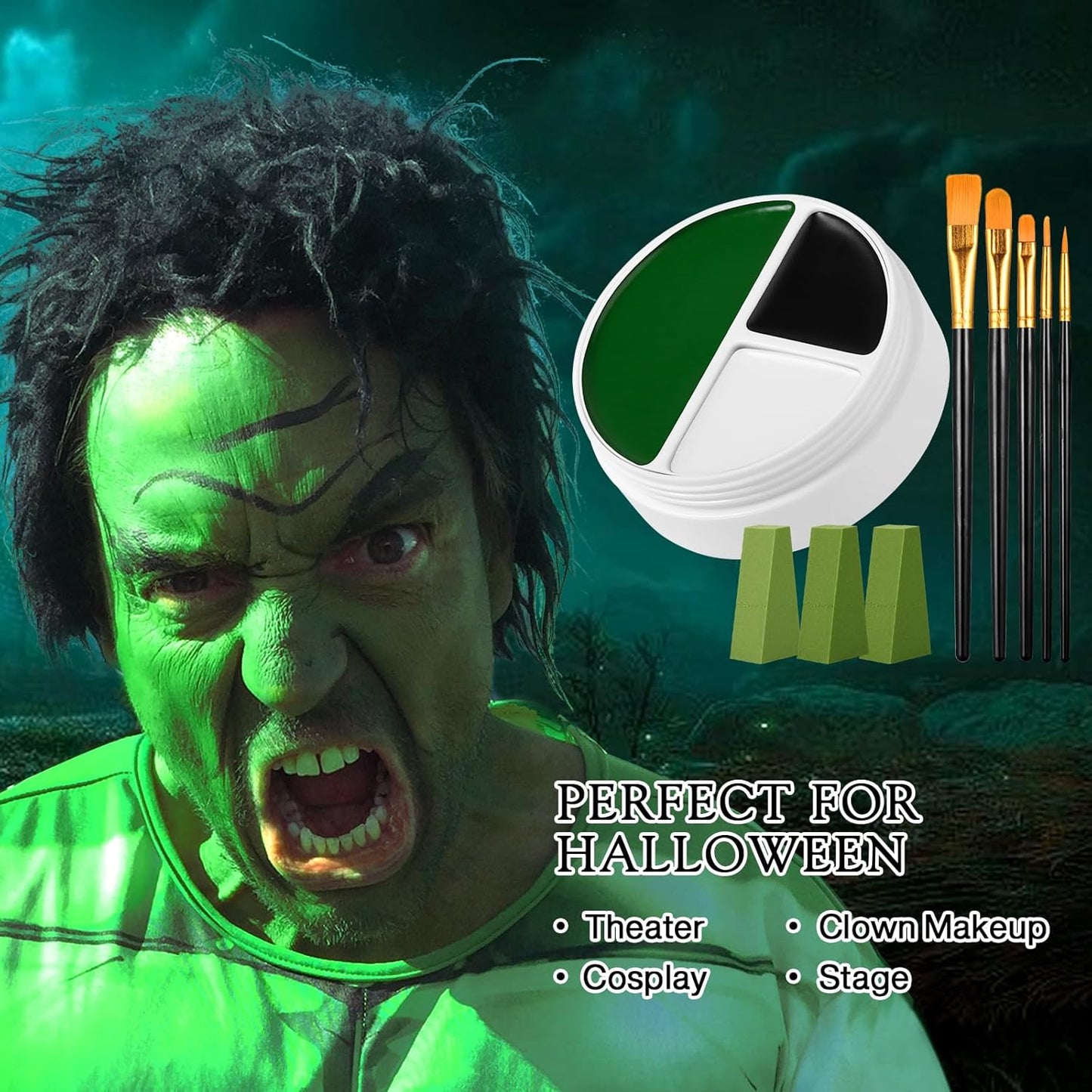 Black White Green Face Body Paint, Halloween Wicked Witch Green Makeup Kit (3 Sponges + 5 Brushes), 9 Pcs Oil Based Non Toxic green Face Painting Kit for Hulk, SFX, Hunting, Zombie, Costume, Cosplay
