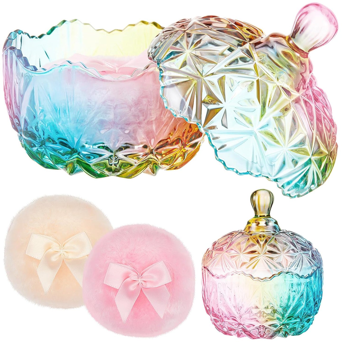 Tioncy 3 Pcs Large Body Powder Puff and Container Powder Container with Puff Crystal Case Soft Washable Reusable Velour Face Body Glitter Wet Dry Makeup(Chic,Colorful)