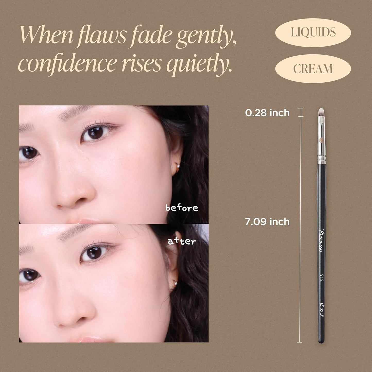 Piccasso 712 Concealer Brush – Precision Brush for Spot Coverage, Under Eye Concealer, and Lip Line Detailing, Ideal for Cream and Liquid Concealers, Korean Face Makeup Tool
