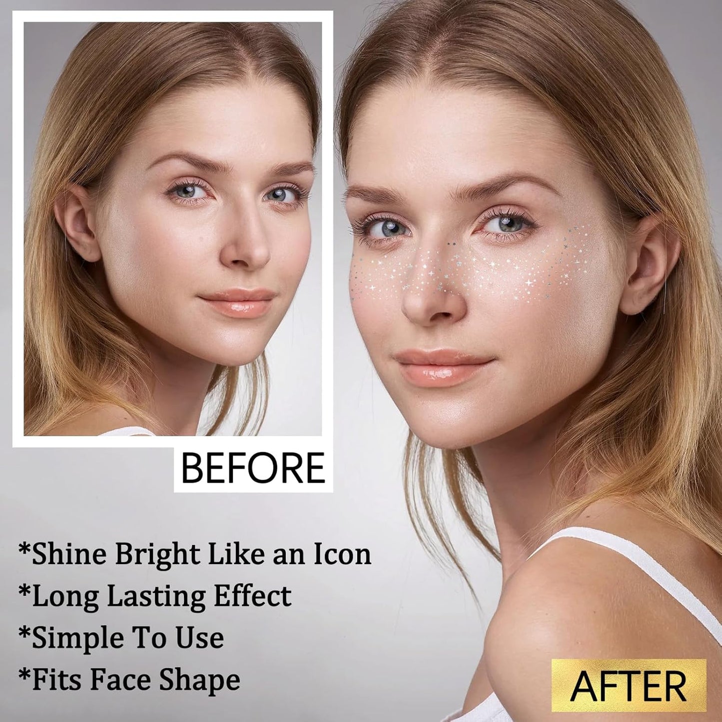 24PCS Sliver Glitter Freckles Tattoo, Sliver Freckles Temporary Face Tattoo, Sliver Star Freckle, Body Face Glitter for Women Girls, Waterproof Long-Lasting Party, Festival, Concert Makeup Accessories