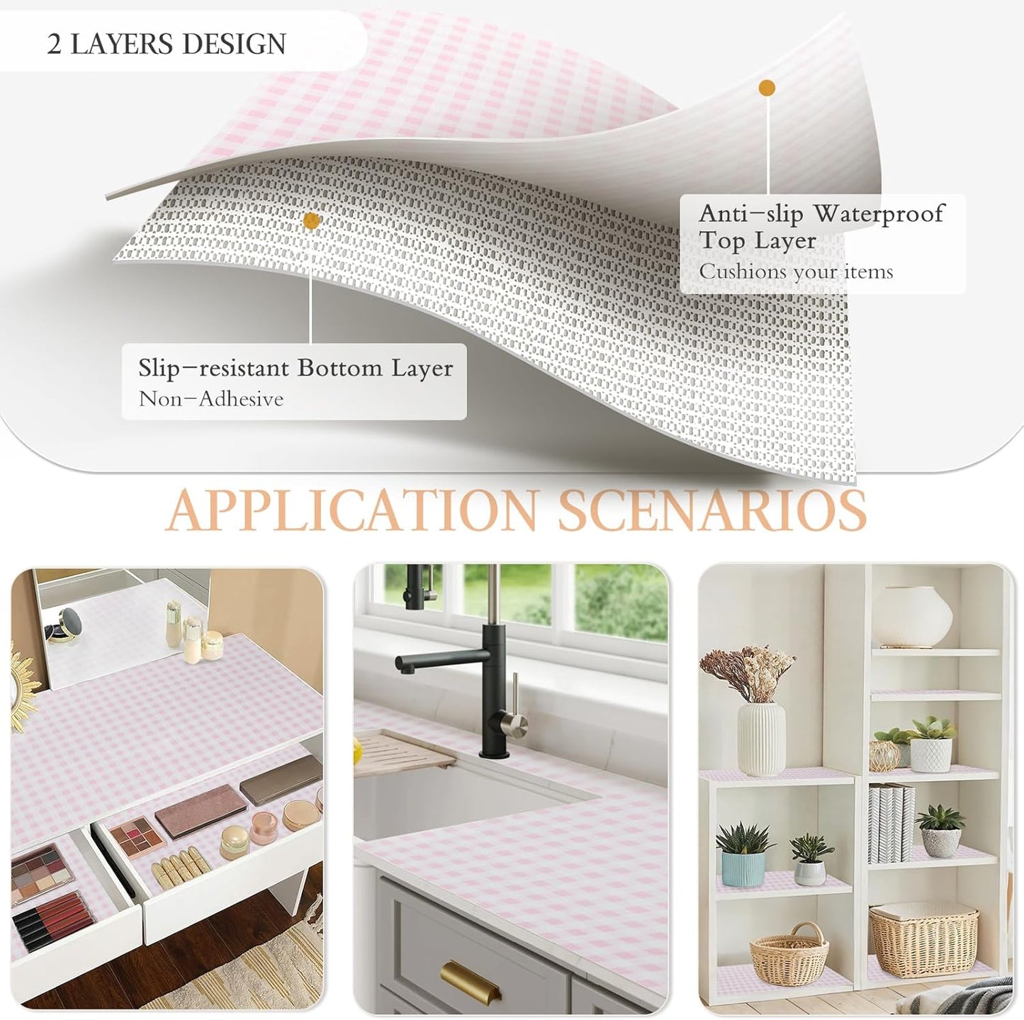 Beautysaid Shelf and Drawer Liner for Kitchen Cabinet, Non Adhesive Non Slip Shelf Paper Waterproof Washable Thickened for Dresser Pantry Shelve Bathroom Protector Liner(Pink Checker,23.6 in x 10 FT)