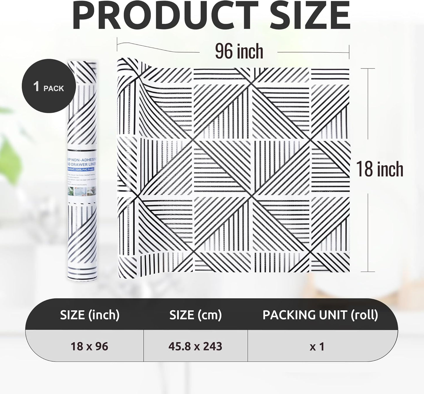 RAY STAR 18X96 Inch Shelf Liner for Kitchen Cabinets, Non-Adhesive Cabinet Liner Washable, PVC Drawer Liner for Dresser Non-Slip Bathroom (Classic Black)(1 Roll)