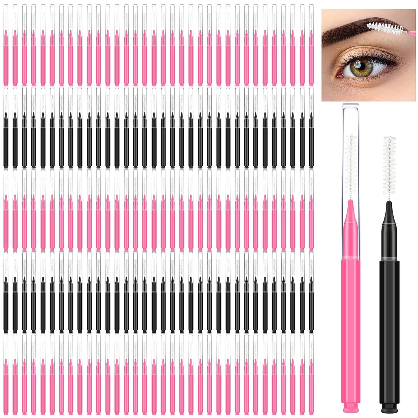 Patelai 150 Pieces Micro Eyebrow Brush with Cap Brow Lamination Spoolie Comb Lift Tools Lash Filler Eyelashes Extensions Eyebrows(Black, Pink)