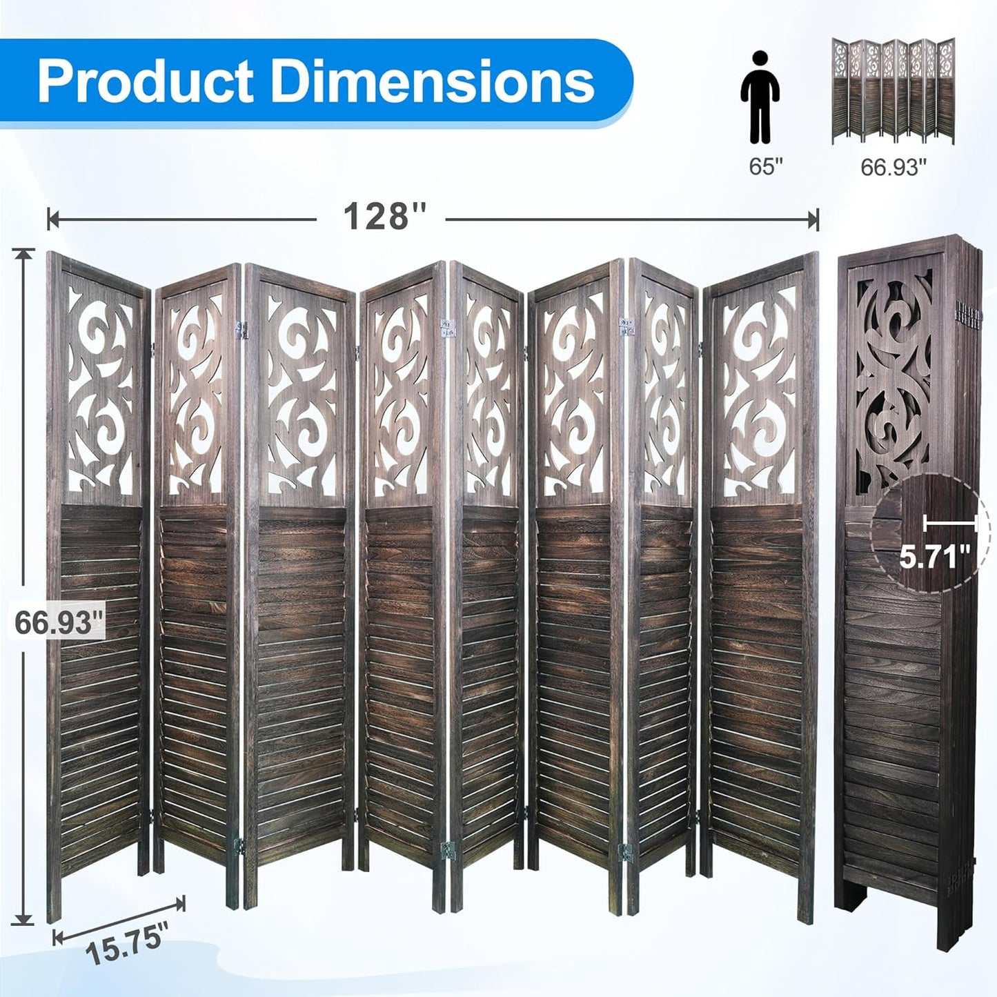 8 Panel Room Divider 5.6FT Wood Carved Room Dividers, Folding Privacy Screens Portable Freestanding Partition Wall Dividers for Bedroom, Office, Rustic Brown