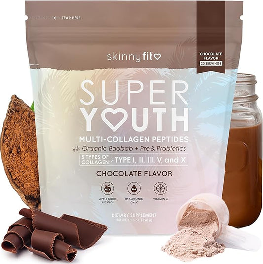 SkinnyFit Super Youth Chocolate Multi-Collagen Peptides + Probiotics, Baobab Fiber, Apple Cider Vinegar, Hyaluronic Acid, & Vitamin C, Skin, Hair, Joint & Metabolism Support, 30 Servings